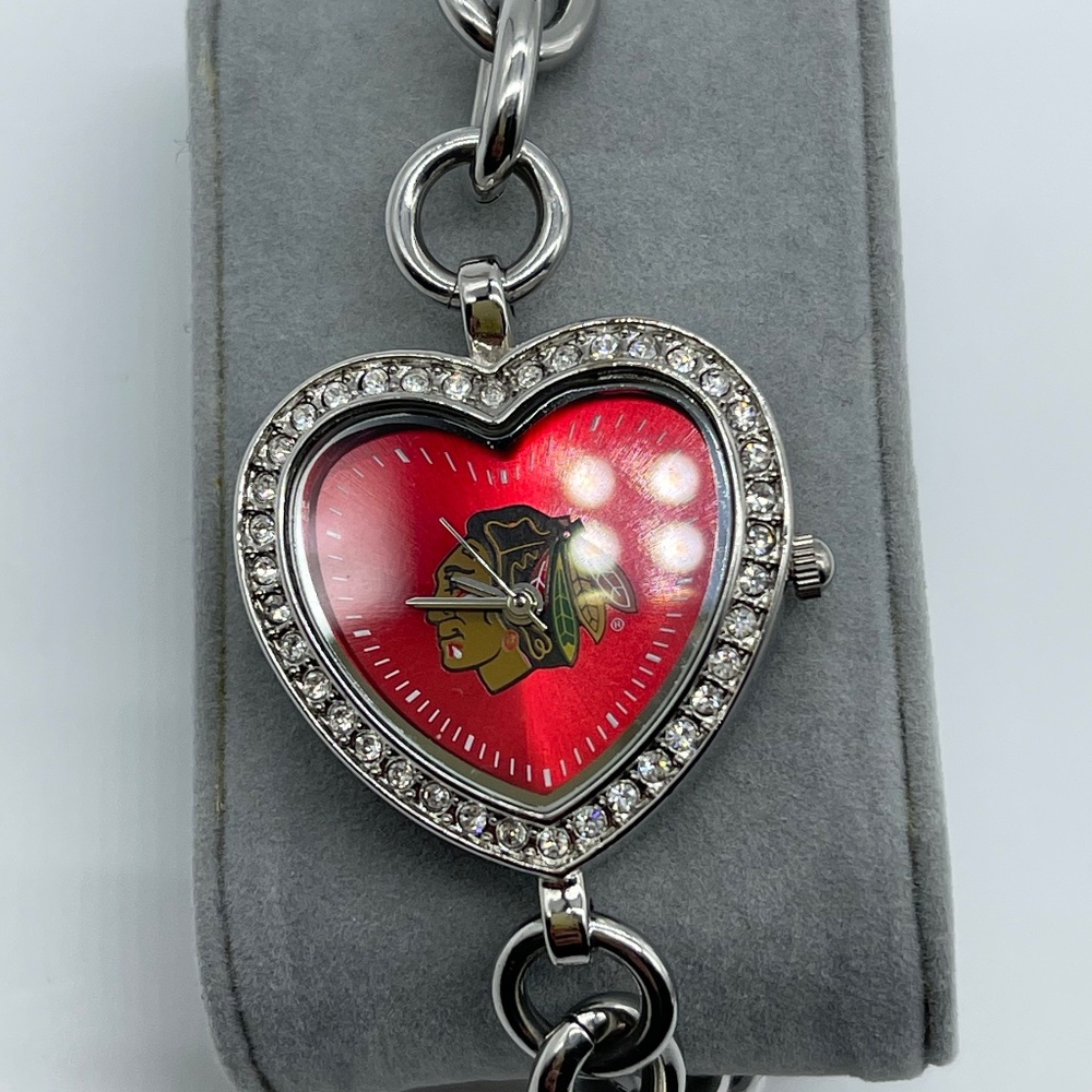 Chicago Blackhawks Heart Shaped Watch with CZ Bezel and Bracelet Chain